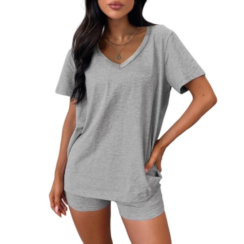 ROFUSSO Damen Zweiteiler Basic T-Shirt und Shorts Set V-Ausschnitt Kurzarm Tops Damen Sommer Hausanzug Kurz Lounge Set Workout Sport Anzug Streetwearsuit(Dunkelgrau,S) von ROFUSSO