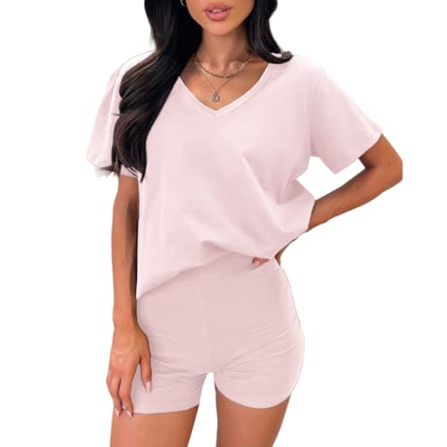 ROFUSSO Damen Zweiteiler Basic T-Shirt und Shorts Set V-Ausschnitt Kurzarm Tops Damen Sommer Hausanzug Kurz Lounge Set Workout Sport Anzug Streetwearsuit(Rosa,L) von ROFUSSO