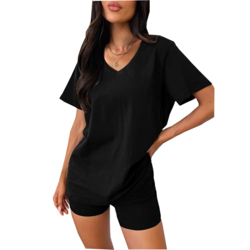 ROFUSSO Damen Zweiteiler Basic T-Shirt und Shorts Set V-Ausschnitt Kurzarm Tops Damen Sommer Hausanzug Kurz Lounge Set Workout Sport Anzug Streetwearsuit(Schwarz,S) von ROFUSSO