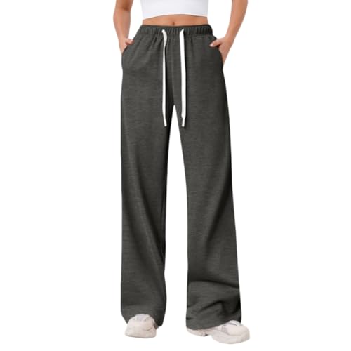 ROFUSSO Jogginghose Damen Sporthose Weites Bein Hose Elastische Taille Freizeithose Trainingshose(Dunkelgrau,L) von ROFUSSO