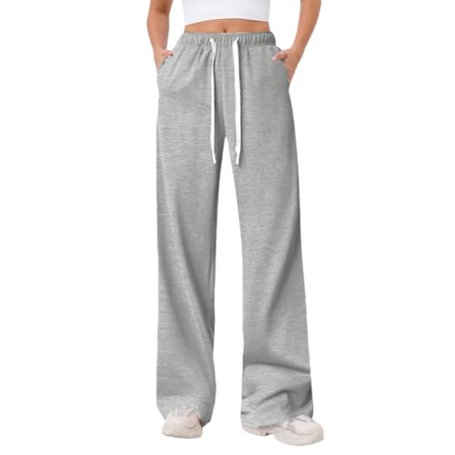 ROFUSSO Jogginghose Damen Sporthose Weites Bein Hose Elastische Taille Freizeithose Trainingshose(Hellgrau,XL) von ROFUSSO