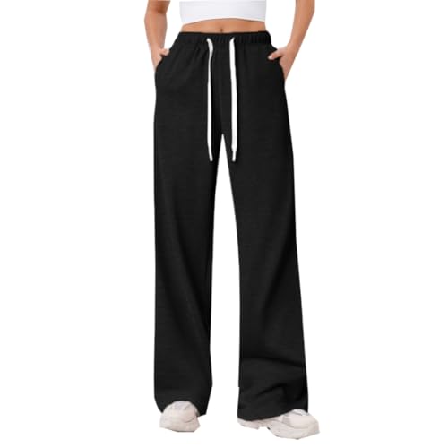 ROFUSSO Jogginghose Damen Sporthose Weites Bein Hose Elastische Taille Freizeithose Trainingshose(Schwarz,S) von ROFUSSO