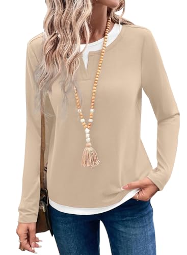 ROFUSSO Langarmshirt Damen Herbst Basic T-Shirt Casual Farbblock Langarm Oberteile Weiches und Leichtes Longsleeve Top(Apricot,M) von ROFUSSO