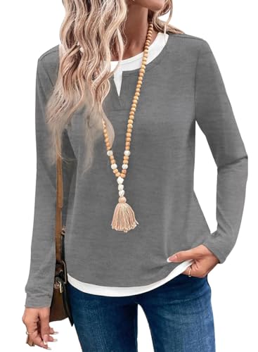 ROFUSSO Langarmshirt Damen Herbst Basic T-Shirt Casual Farbblock Langarm Oberteile Weiches und Leichtes Longsleeve Top(Grau,L) von ROFUSSO