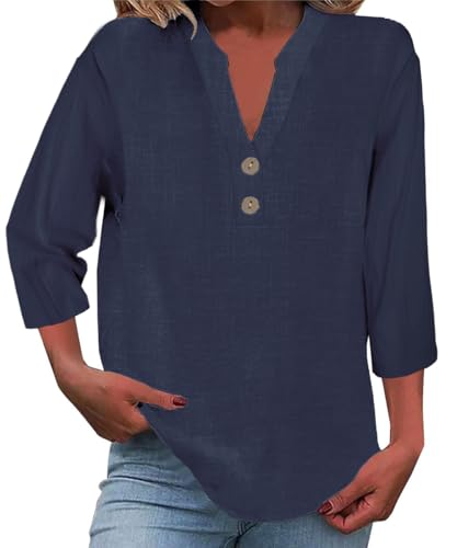 ROFUSSO Leinenbluse Damen Elegant Bluse Baumwolle Langarmshirt V-Ausschnitt Button Down Hemd Herbst Große Größen Langarm Oberteile von ROFUSSO