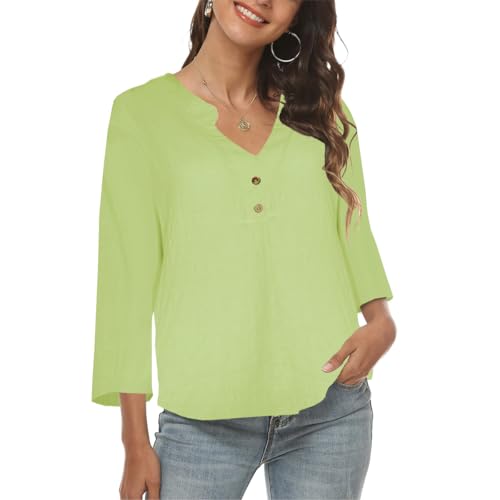 ROFUSSO Leinenbluse Damen Elegant Bluse Baumwolle Langarmshirt V-Ausschnitt Button Down Hemd Herbst Große Größen Langarm Oberteile von ROFUSSO