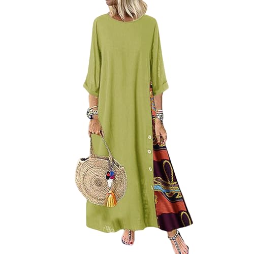 ROFUSSO Leinenkleid Damen Langarm Baumwolle Kleid Bohemian Langarm Kleid Casual Drucken Freizeitkleid Boho Maxikleid Rundhalsausschnitt Kleid Strandkleider von ROFUSSO