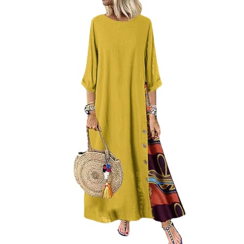 ROFUSSO Leinenkleid Damen Langarm Baumwolle Kleid Casual Bohemian Langarm Kleid von ROFUSSO