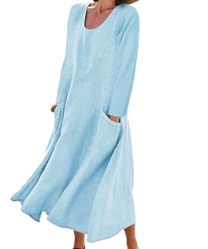ROFUSSO Damen Langarm Baumwolle Kleid Lässiges Maxikleid mit Rundhalsausschnitt und lockerer Passform von ROFUSSO