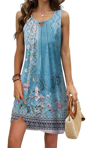 ROFUSSO Sommerkleid Damen Ärmellos Freizeitkleider Sommer Leichte Kleider Blumen Knielang Trägerkleid Casual Strandkleid(Blau,XL) von ROFUSSO