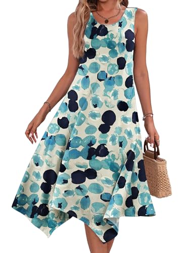 ROFUSSO Sommerkleid Damen Lang Ärmelloses Blumen Boho Kleid Elegant Strandkleid Knielang A Linie Freizeitkleid Rundhals Midikleid Swing Tank Kleid mit Taschen S-2XL von ROFUSSO