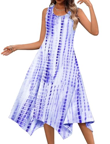 ROFUSSO Sommerkleid Damen Lang Ärmelloses Blumen Boho Kleid Elegant Strandkleid Knielang A Linie Freizeitkleid Rundhals Midikleid Swing Tank Kleid mit Taschen S-2XL von ROFUSSO