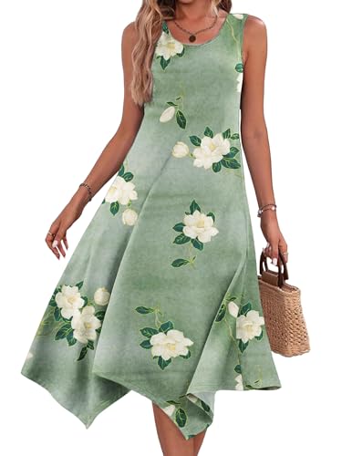 ROFUSSO Sommerkleid Damen Lang Ärmelloses Blumen Boho Kleid Elegant Strandkleid Knielang A Linie Freizeitkleid Rundhals Midikleid Swing Tank Kleid mit Taschen S-2XL von ROFUSSO