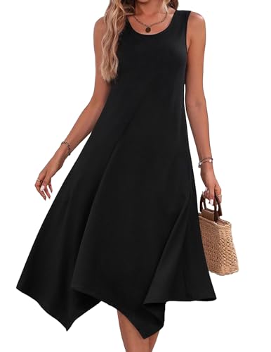 ROFUSSO Sommerkleid Damen Lang Ärmelloses Blumen Boho Kleid Elegant Strandkleid Knielang A Linie Freizeitkleid Rundhals Midikleid Swing Tank Kleid mit Taschen S-2XL von ROFUSSO