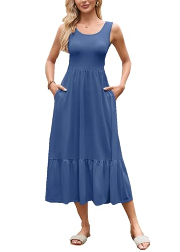 ROFUSSO Sommerkleid Damen Lang Ärmelloses Maxikleid Elegante Rundhals Tank Kleid Freizeitkleid Strandkleid Leicht und Luftig Boho Kleid mit Taschen von ROFUSSO
