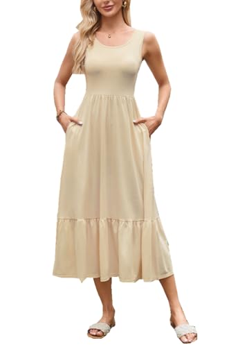 ROFUSSO Sommerkleid Damen Lang Ärmelloses Maxikleid Elegante Rundhals Tank Kleid Freizeitkleid Strandkleid Leicht und Luftig Boho Kleid mit Taschen von ROFUSSO