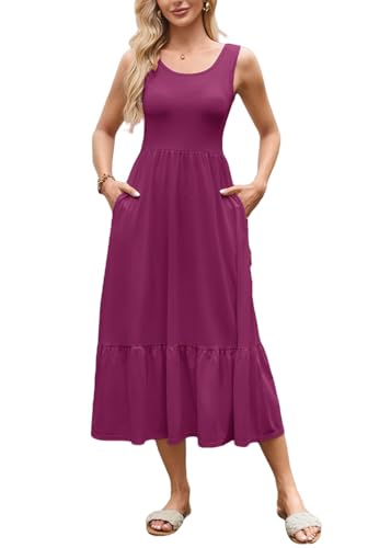 ROFUSSO Sommerkleid Damen Lang Ärmelloses Maxikleid Elegante Rundhals Tank Kleid Freizeitkleid Strandkleid Leicht und Luftig Boho Kleid mit Taschen von ROFUSSO