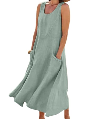 ROFUSSO Sommerkleid Damen Leinen Baumwolle Kleid Ärmellos Lose Maxikleid Casual Rundhals Strandkleid Elegant Boho Tankkleid mit Taschen von ROFUSSO