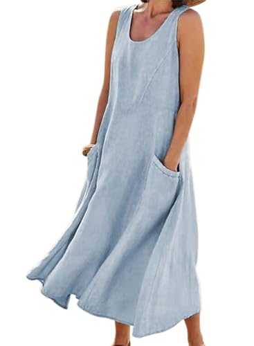 ROFUSSO Sommerkleid Damen Leinen Baumwolle Kleid Ärmellos Lose Maxikleid Casual Rundhals Strandkleid Elegant Boho Tankkleid mit Taschen von ROFUSSO