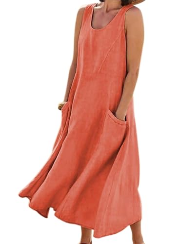ROFUSSO Sommerkleid Damen Leinen Baumwolle Kleid Ärmellos Lose Maxikleid Casual Rundhals Strandkleid Elegant Boho Tankkleid mit Taschen von ROFUSSO