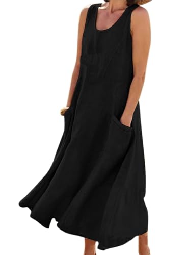 ROFUSSO Sommerkleid Damen Leinen Baumwolle Kleid Ärmellos Lose Maxikleid Casual Rundhals Strandkleid Elegant Boho Tankkleid mit Taschen von ROFUSSO