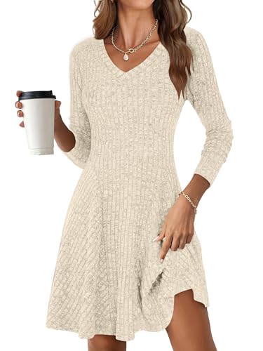 ROFUSSO Strickkleid Damen Langarm Kleider Herbst V Ausschnitt Pulloverkleid Elegant Gestrickt Midikleid Lässiger Knielanger A Linie Winterkleid(Aprikose,XL) von ROFUSSO