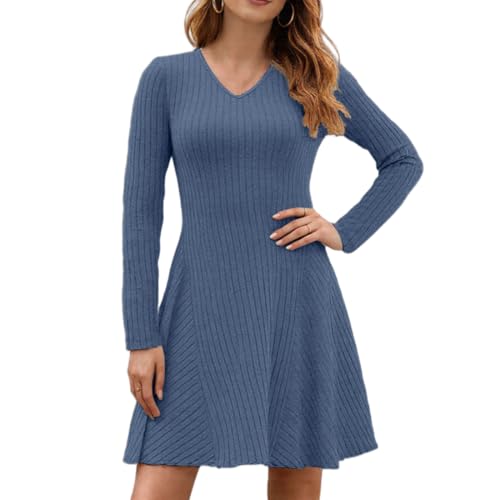 ROFUSSO Strickkleid Damen Langarm Kleider Herbst V Ausschnitt Pulloverkleid Elegant Gestrickt Midikleid Lässiger Knielanger A Linie Winterkleid(Blau,S) von ROFUSSO