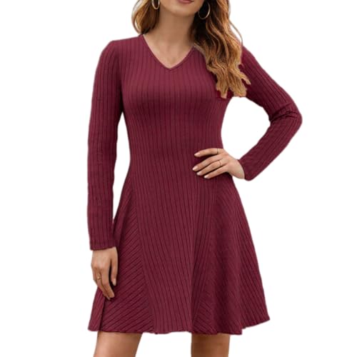 ROFUSSO Strickkleid Damen Langarm Kleider Herbst V Ausschnitt Pulloverkleid Elegant Gestrickt Midikleid Lässiger Knielanger A Linie Winterkleid(Burgunderrot,L) von ROFUSSO
