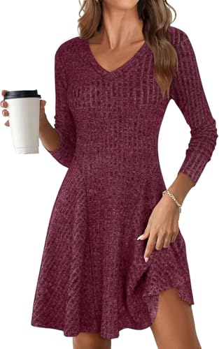 ROFUSSO Strickkleid Damen Langarm Kleider Herbst V Ausschnitt Pulloverkleid Elegant Gestrickt Midikleid Lässiger Knielanger A Linie Winterkleid(Burgunderrot,XXL) von ROFUSSO