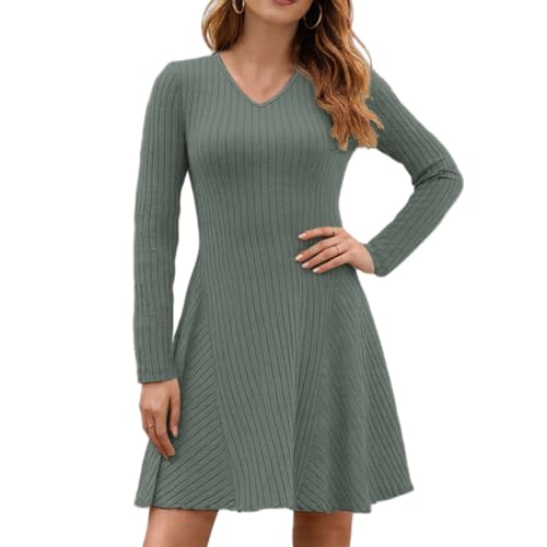 ROFUSSO Strickkleid Damen Langarm Kleider Herbst V Ausschnitt Pulloverkleid Elegant Gestrickt Midikleid Lässiger Knielanger A Linie Winterkleid(Dunkelgrün,XL) von ROFUSSO