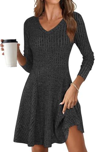 ROFUSSO Strickkleid Damen Langarm Kleider Herbst V Ausschnitt Pulloverkleid Elegant Gestrickt Midikleid Lässiger Knielanger A Linie Winterkleid(Schwarz,L) von ROFUSSO