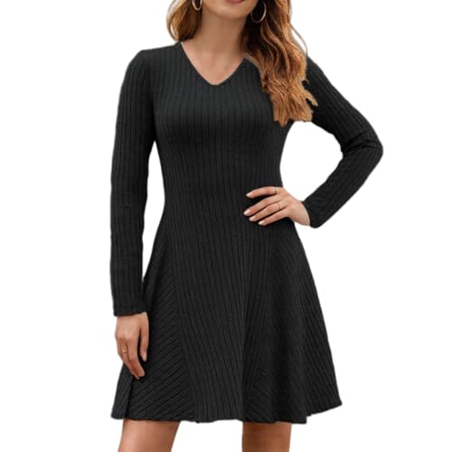 ROFUSSO Strickkleid Damen Langarm Kleider Herbst V Ausschnitt Pulloverkleid Elegant Gestrickt Midikleid Lässiger Knielanger A Linie Winterkleid(Schwarz,XXL) von ROFUSSO