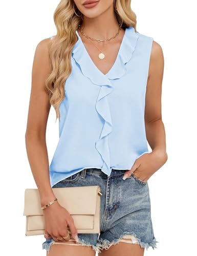 ROFUSSO Tank Top Damen Sommer V-Ausschnitt Ärmellos Oberteile Elegant Bluse Tank Top Casual Business Shirt Strand Vest Tops(Blau,XL) von ROFUSSO