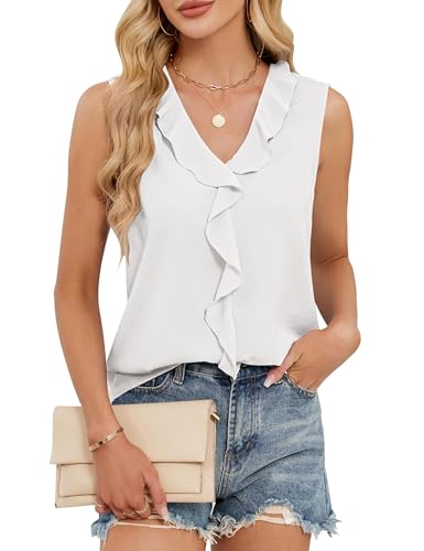 ROFUSSO Tank Top Damen Sommer V-Ausschnitt Ärmellos Oberteile Elegant Bluse Tank Top Casual Business Shirt Strand Vest Tops(Weiß,L) von ROFUSSO