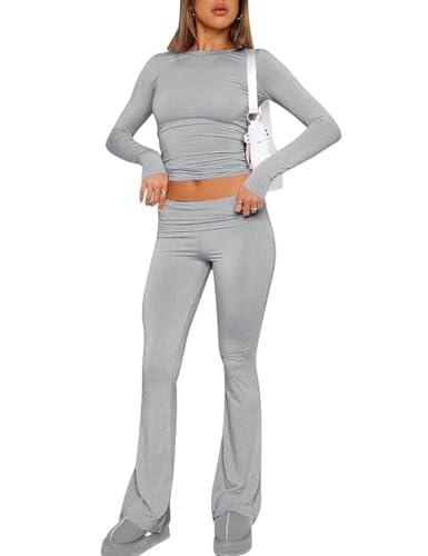 ROFUSSO Zweiteiler Damen Herbst Lounge Set Langärmeliges Oberteile und Yoga Schlaghose Trainingsanzug Freizeit Outfit Fitness Sportkleidung Set von ROFUSSO