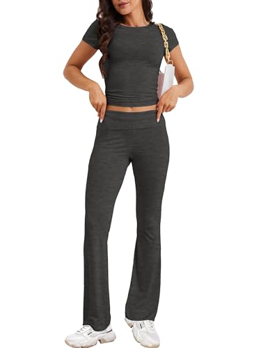 ROFUSSO Zweiteiler Damen Sommer Lounge Set Slim Fit Kurzarm Oberteile und Yoga Schlaghose Trainingsanzug Freizeit Outfit Fitness Sportkleidung Set von ROFUSSO