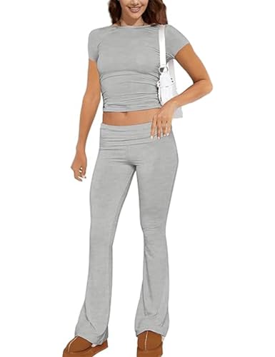 ROFUSSO Zweiteiler Damen Sommer Lounge Set Slim Fit Kurzarm Oberteile und Yoga Schlaghose Trainingsanzug Freizeit Outfit Fitness Sportkleidung Set von ROFUSSO