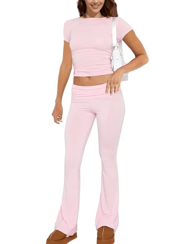 ROFUSSO Zweiteiler Damen Sommer Lounge Set Slim Fit Kurzarm Oberteile und Yoga Schlaghose Trainingsanzug Freizeit Outfit Fitness Sportkleidung Set von ROFUSSO