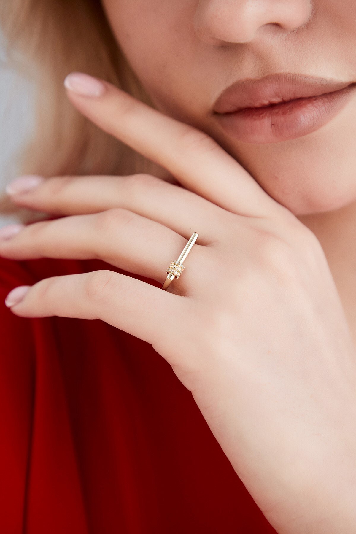 14K Solid Gold Bar Ring, Gold Cz Stein Rechteck Signatur Zierliche Goldring, Geschenk Für Sie, Valentinstag von ROHIJewelry