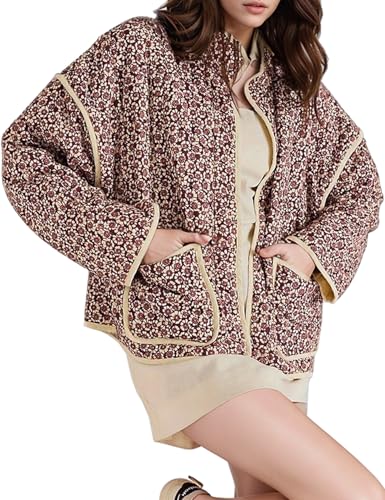 ROJZR Damen Cropped Puffer Steppjacke Leichte Blumendruck Offene Vorderseite Gepolstert Cardigan Mantel Outwear, Rot/Ausflug, einfarbig (Getaway Solids), M von ROJZR