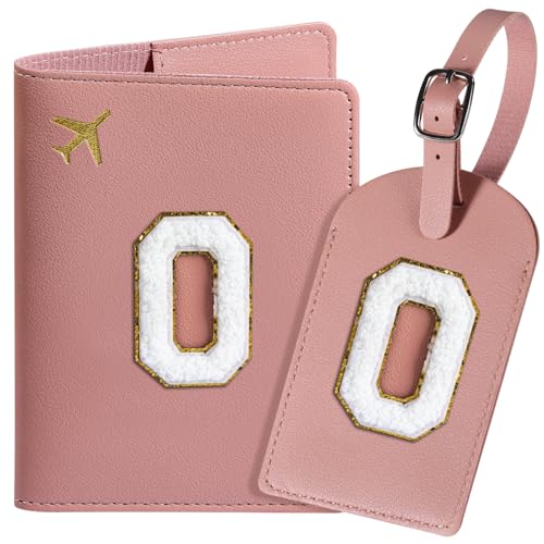 ROKOXIN Reisepasshülle und Gepäckanhänger-Set für Damen und Mädchen, Reisepasshülle mit personalisiertem Chenille-Buchstaben-Aufnäher, schlanke Reisebrieftasche, Tasche, Koffer-Identifikator, Rosa, von ROKOXIN