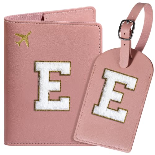 ROKOXIN Reisepasshülle und Gepäckanhänger-Set für Damen und Mädchen, Reisepasshülle mit personalisiertem Chenille-Buchstaben-Aufnäher, schlanke Reisebrieftasche, Tasche, Koffer-Identifikator, Rosa, von ROKOXIN