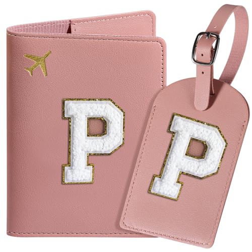 ROKOXIN Reisepasshülle und Gepäckanhänger-Set für Damen und Mädchen, Reisepasshülle mit personalisiertem Chenille-Buchstaben-Aufnäher, schlanke Reisebrieftasche, Tasche, Koffer-Identifikator, Rosa, von ROKOXIN