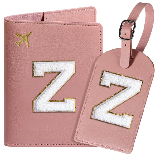 ROKOXIN Reisepasshülle und Gepäckanhänger-Set für Damen und Mädchen, Reisepasshülle mit personalisiertem Chenille-Buchstaben-Aufnäher, schlanke Reisebrieftasche, Tasche, Koffer-Identifikator, Rosa, von ROKOXIN