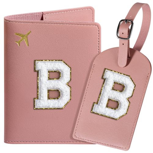 ROKOXIN Reisepasshülle und Gepäckanhänger-Set für Damen und Mädchen, Reisepasshülle mit personalisiertem Chenille-Buchstaben-Aufnäher, schlanke Reisebrieftasche, Tasche, Koffer-Identifikator, Rosa, von ROKOXIN