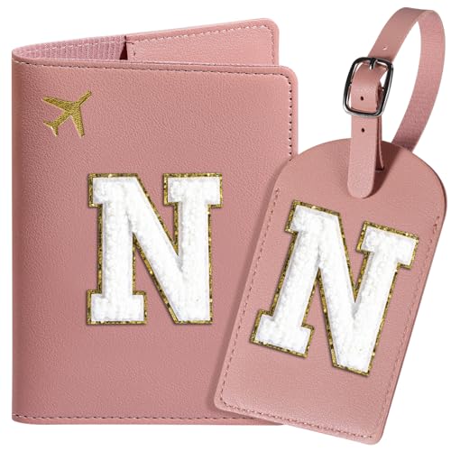 ROKOXIN Reisepasshülle und Gepäckanhänger-Set für Damen und Mädchen, Reisepasshülle mit personalisiertem Chenille-Buchstaben-Aufnäher, schlanke Reisebrieftasche, Tasche, Koffer-Identifikator, Rosa, von ROKOXIN