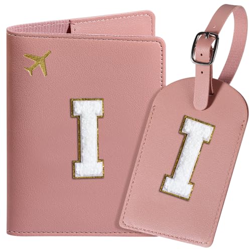 ROKOXIN Reisepasshülle und Gepäckanhänger-Set für Damen und Mädchen, Reisepasshülle mit personalisiertem Chenille-Buchstaben-Aufnäher, schlanke Reisebrieftasche, Tasche, Koffer-Identifikator, Rosa, von ROKOXIN