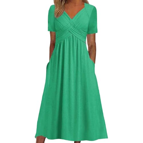 ROLAQDK Jeanskleid Damen Kleider Festlich Damen Strickkleid Damen Eng Frauen Mode Solide Kurzarm Lose Lange Kleid mit Taschen Hochzeitsgast Kleid Damen Sommer Kleidung für Damen Festliche Kleider von ROLAQDK