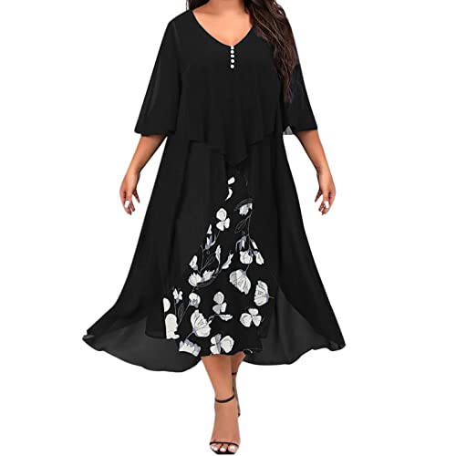 ROLAQDK Damen Sommerkleider Kurzarm Frauen Plus Size Casual Print Kleid Spitze Rundhals Kleid Mitte Langarm Unregelmäßige Spitzennähte Langes Kleid Formelles Kleid von ROLAQDK