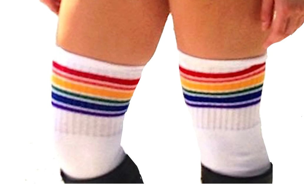 Oberschenkel Hoch Regenbogen Streifen Weiß High Pride Socken/Schlauchsocken Oberschenkel Hoch Regenbogen Streifen Weiß High Pride Socken/Schlauchsocken von ROLLERSTUFF
